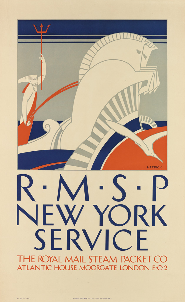 FREDERICK C. HERRICK (1887-1970). RMSP / NEW YORK SERVICE. Circa 1921. 40x24 inches, 101x63 cm. Sanders Phillips & Co., London.